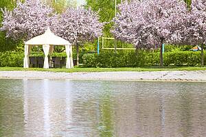 Беседка газэбо у озера с видом на площадку для волейбола 